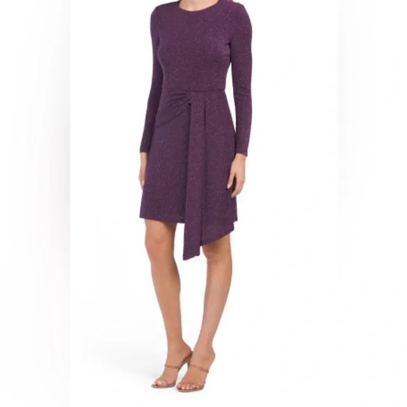 maggy london purple dress Maggy London Womens Purple Short Sleeve Asymmetric Hem Wrap Tie Stretch Dress 0